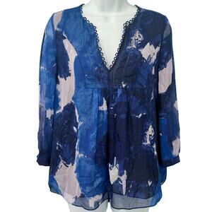 Diane von Furstenberg Blue Purple Watercolor Sheer Long Sleeve Silk Blouse sz 0